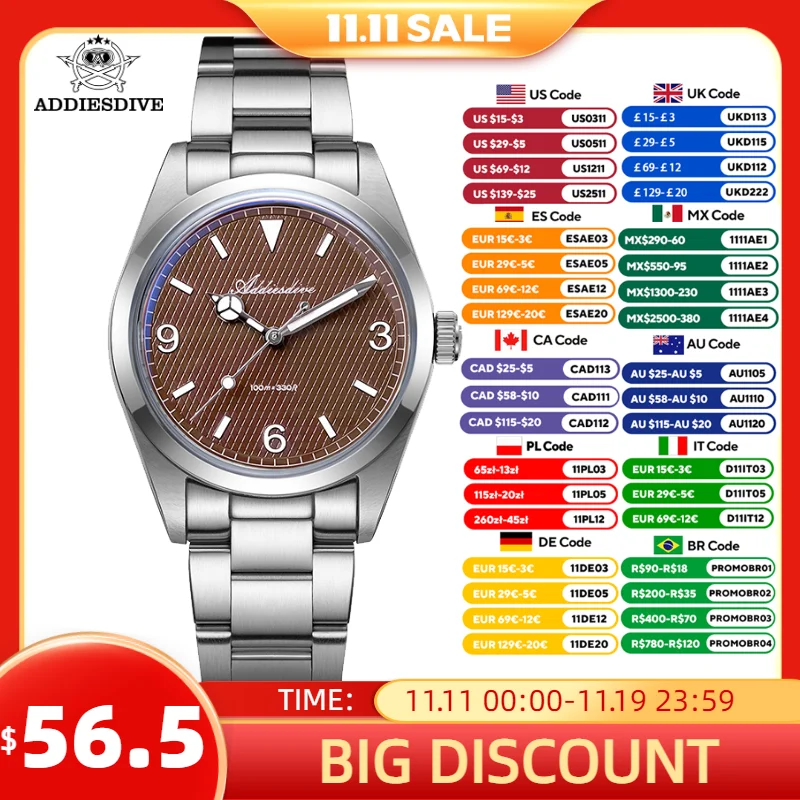 

ADDIESDIVE 36 мм Роскошные часы Новые куполообразные стеклянные светящиеся 100 м водонепроницаемые деловые кварцевые наручные часы из нержавеющей стали 316L