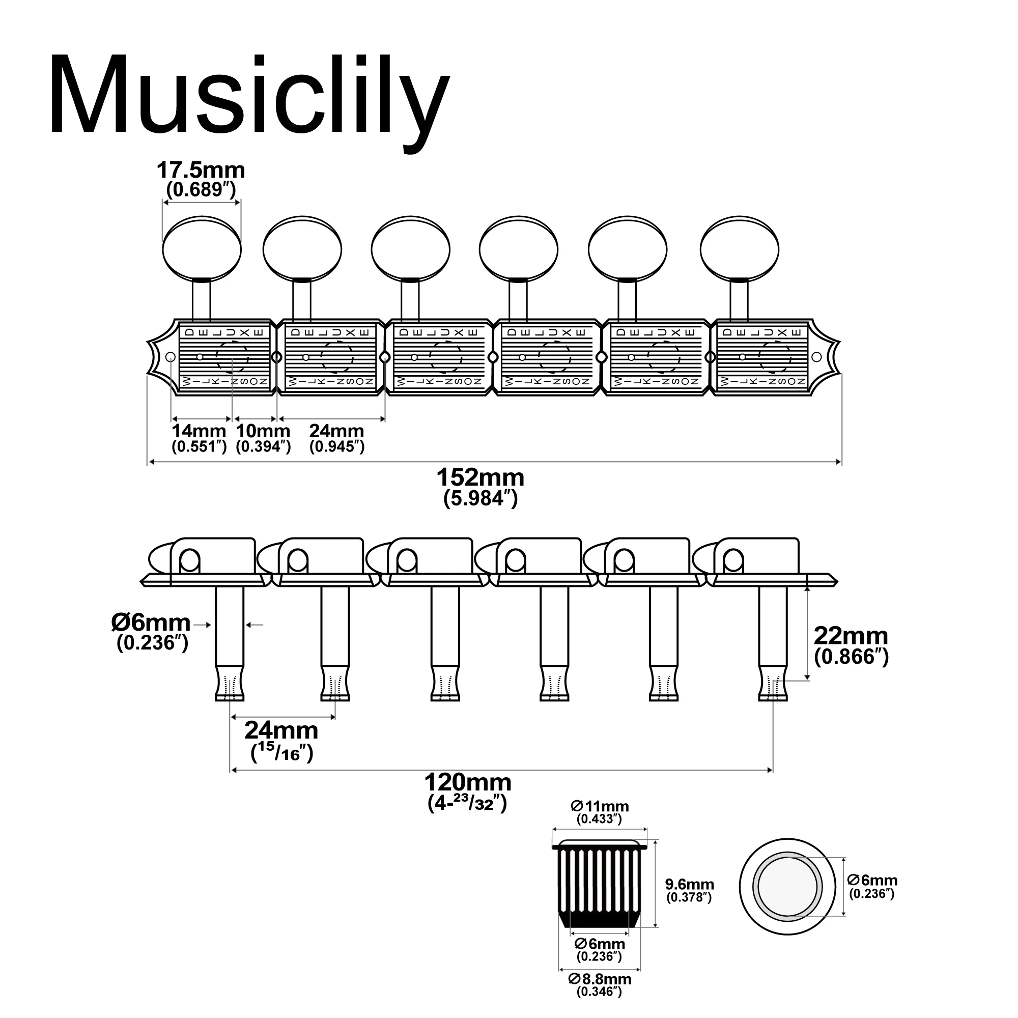 Wilkinson Vintage Deluxe Split Shaft 6 in Line Tuners Machine Heads Tuning Pegs Keys Set for Classic Vibe Fender ST/Tele Style view 2