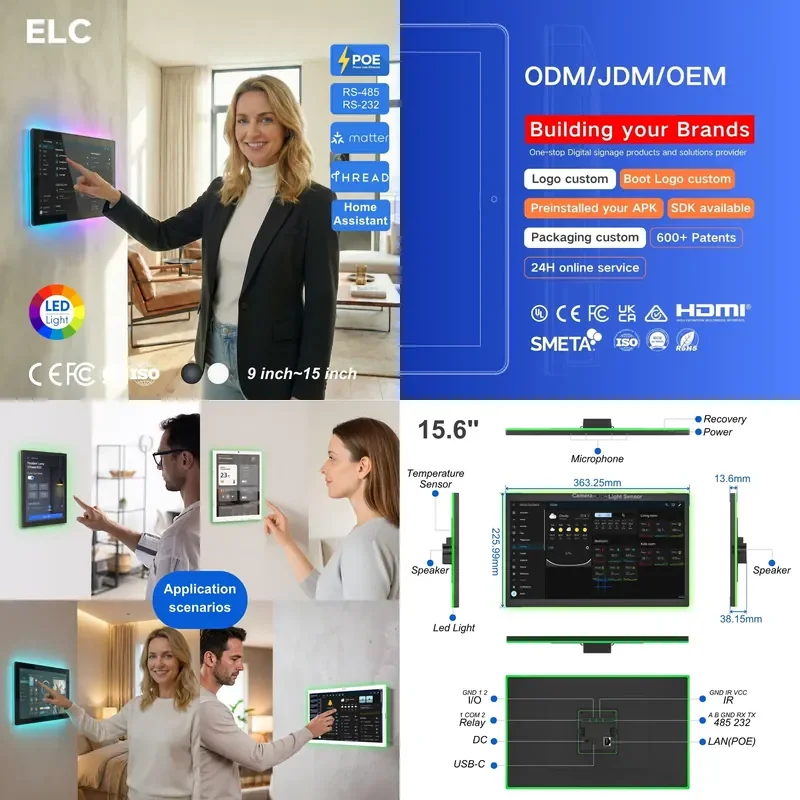 15.6 Inch Android 14 RK3576S Smart Home Control Panel Matter Thread POE Wall Mount Automation Tablet With RJ45 RS485