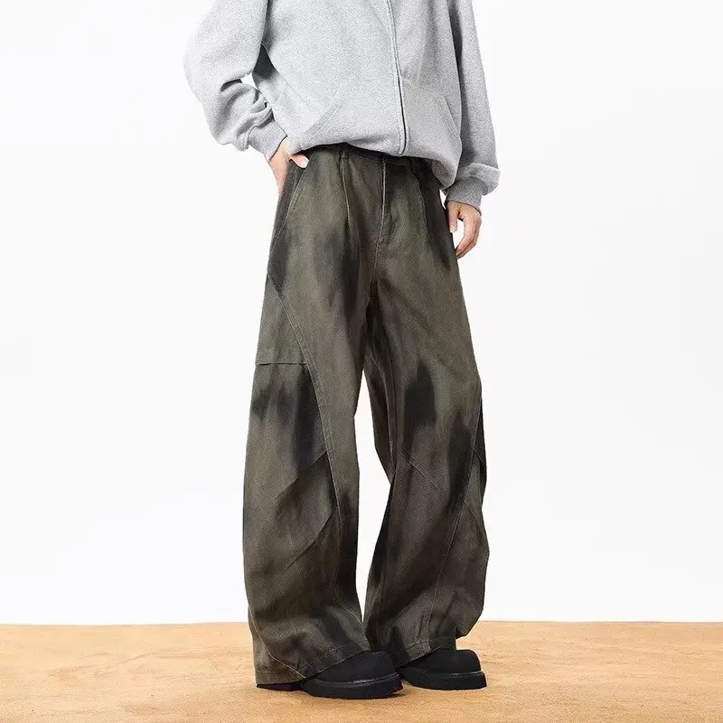 Pantalones Cargo de pierna ancha plisados a la moda para hombre, diseño de silueta de Hip-hop americano, monos de vaquero lavados, pantalones vaqueros de calle Unisex