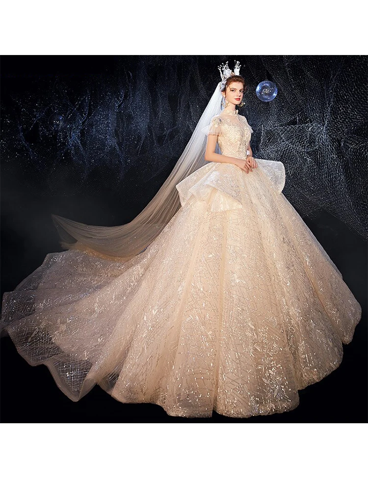 2023 Luxuriou Princes  Wedding Dress Short Tulle Sleeves High Neck Evening Prom Ball Gown Sparkle Beading  Vestido Fiesta Noche