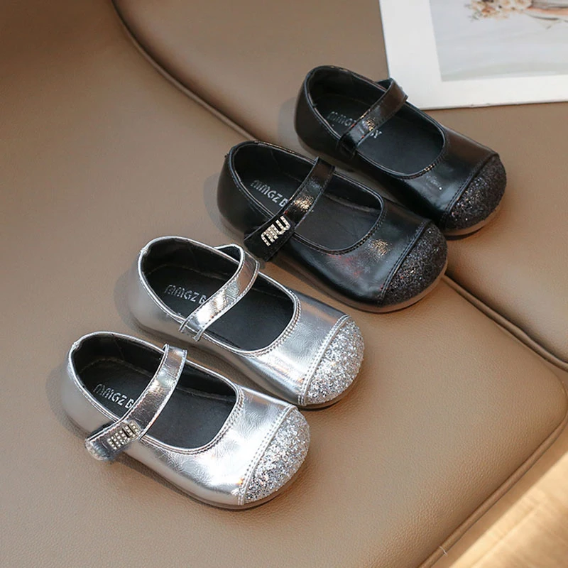 

Fashion Girl PU Leather Shoes Spring Autumn Flats New Children Fragrant Sequined Princess Soft Sole Baby School Student Loafer