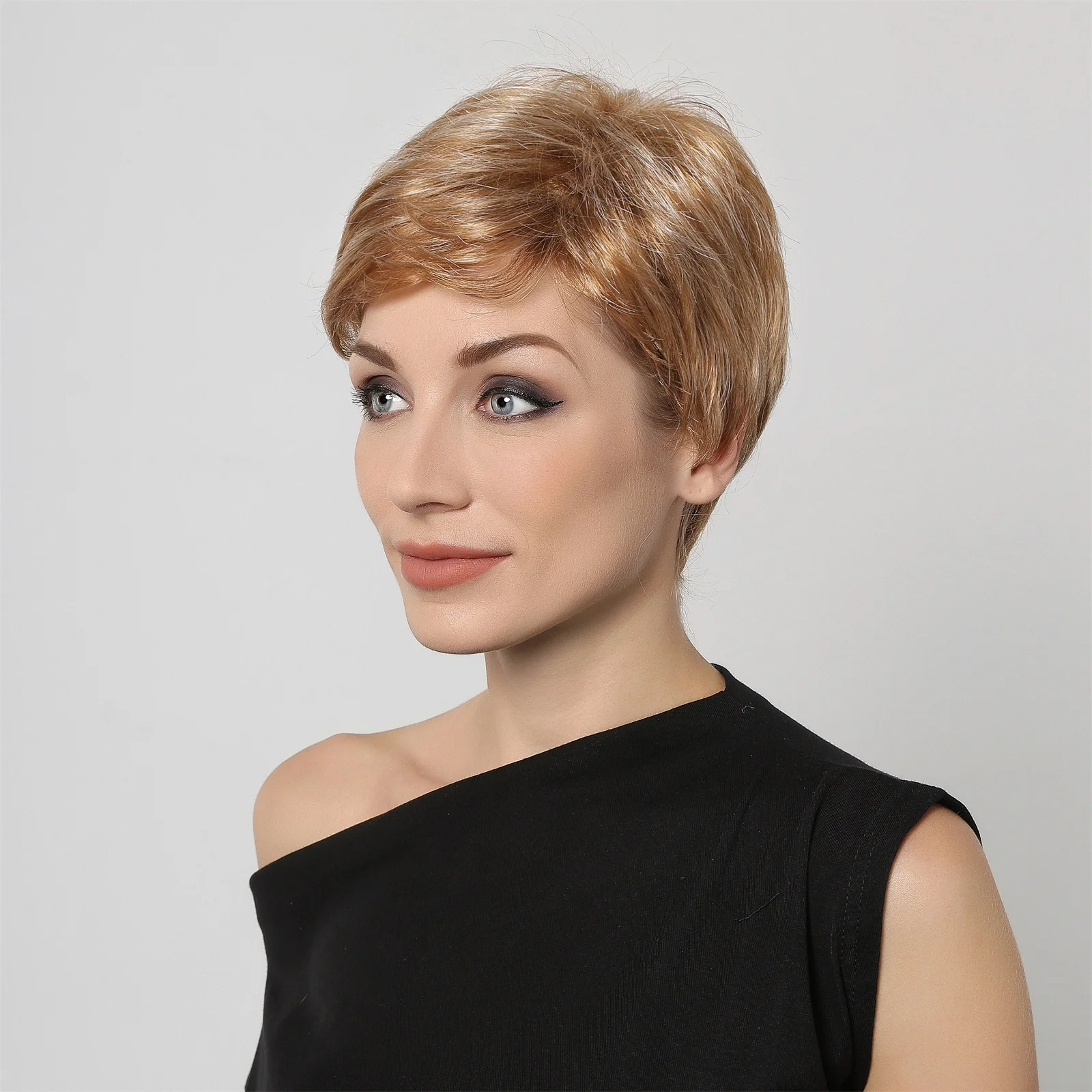 Synthetic Light Brown Platinum Highlights Short Straight Wigs With Pixie Cut Bang Hair Wig for Women Daily Party Heat Resistant