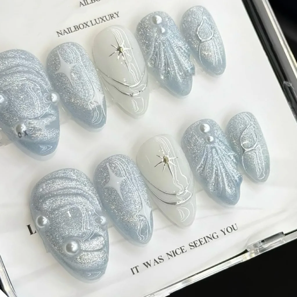 

24PCS Blue Silver False Nails Cat Eye Almond Press on Nails Star Pattern Pearl Abstract Line Art Elegant Luxury Style Manicure