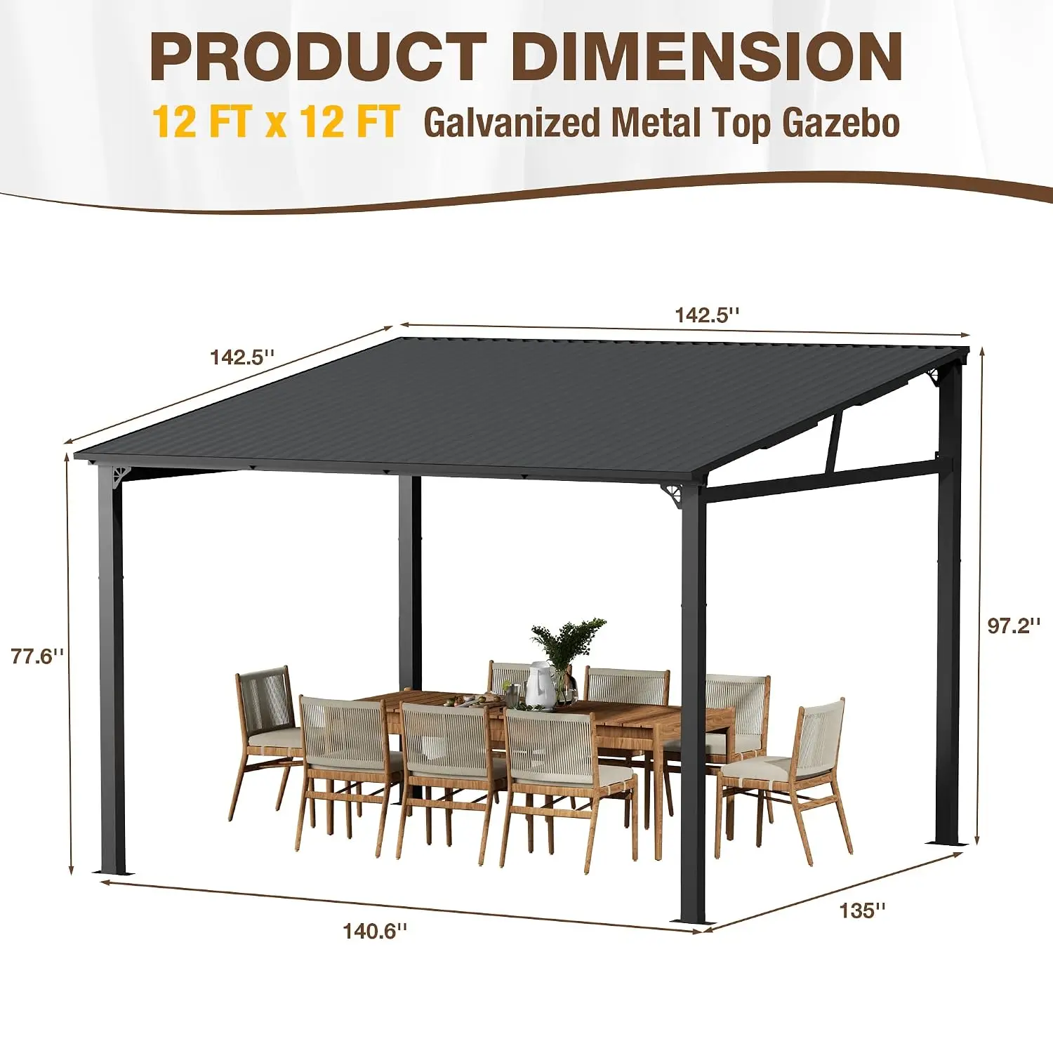 12x12ft Wall Mounted Pergola with Galvanized Steel Roof & Metal Hardtop Canopy for Patio Deck, Customized