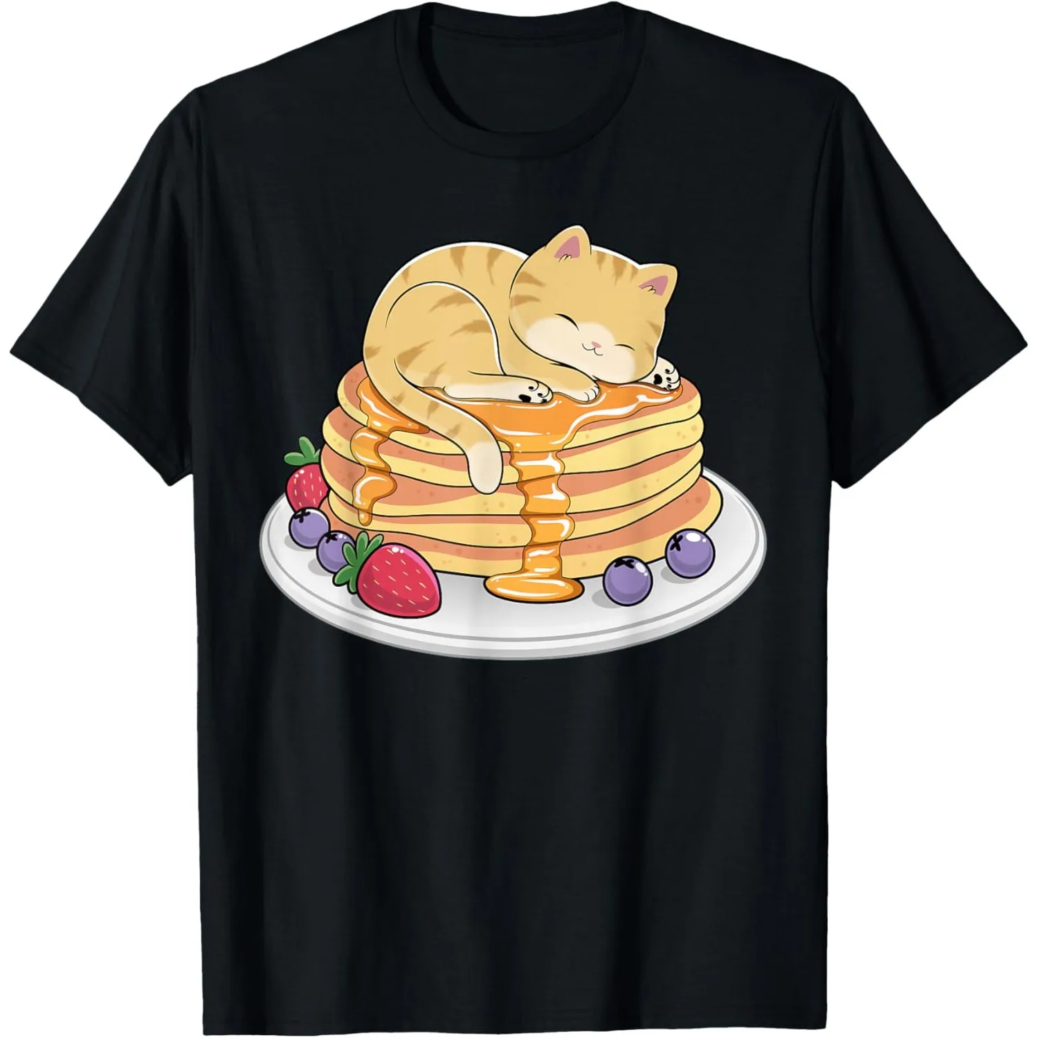 Kawaii Kitten Sleeping on Pancakes Graphic T-Shirt Cute Cat Breakfast Tee for Men