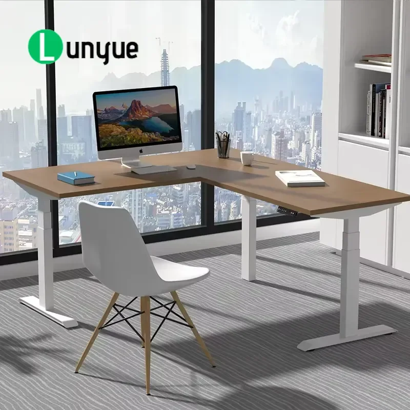 Modern Ergonomic Electric Adjustable L Shaped Standing Desk Stainless Steel Frame Modular Administrative Workstation For Home