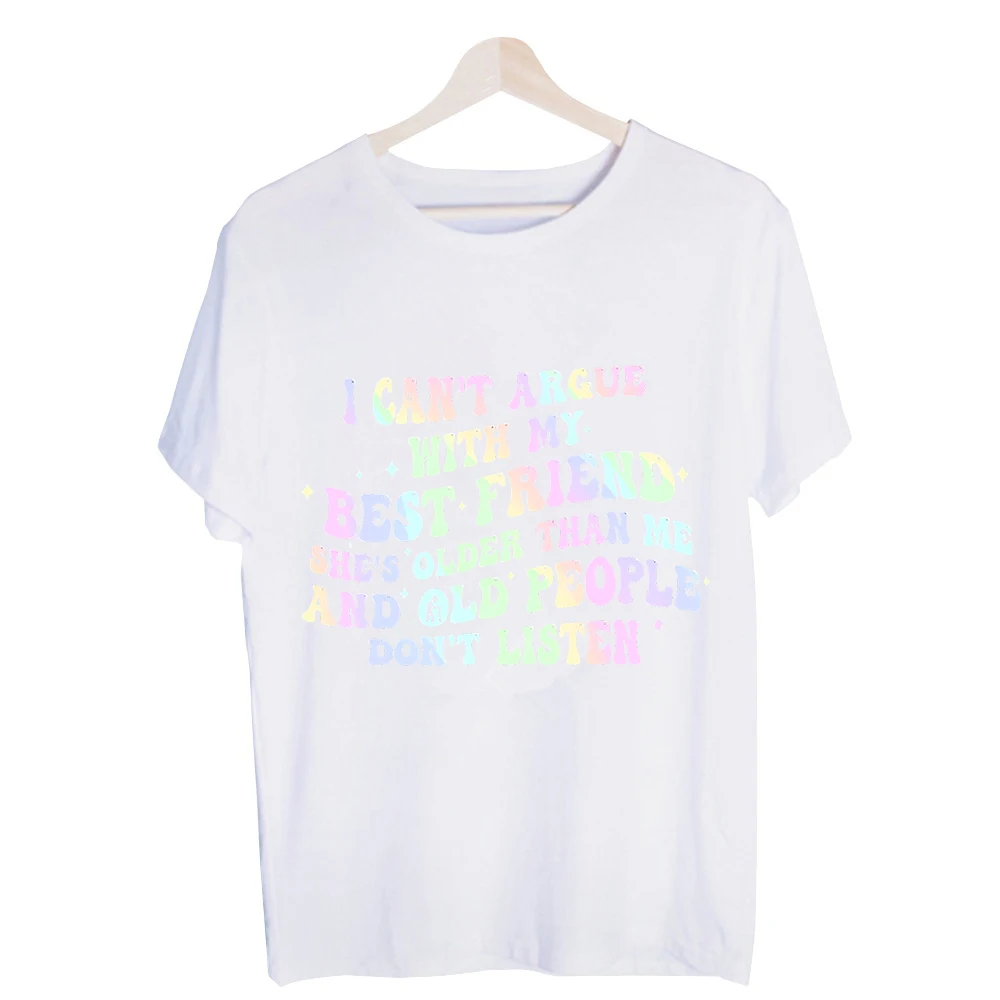 Women's Iridescent Slogan Print Graphic Tee, Short Sleeve Crew Neck Shirt for Casual Daily Wear