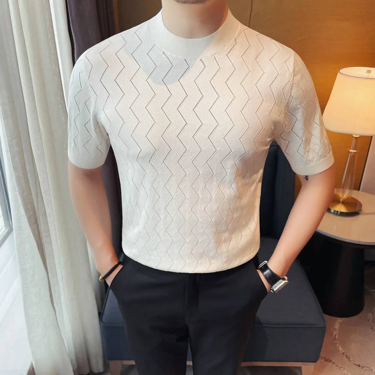 

Summer Hollow T Shirt Man Fashion Elegant Short Sleeve Knitted Men's T-Shirts Slim Fit O-Neck Breathable Tee Shirt Homme 4XL-M