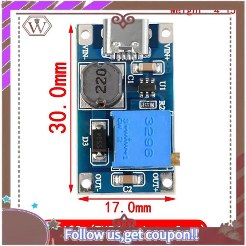 Latest 5Pcs 2A DC-DC MT3608 Step Up Boost Module With TYPE-C-USB, Step Up Boost Converter Power Supply Voltage Regulator Easy In