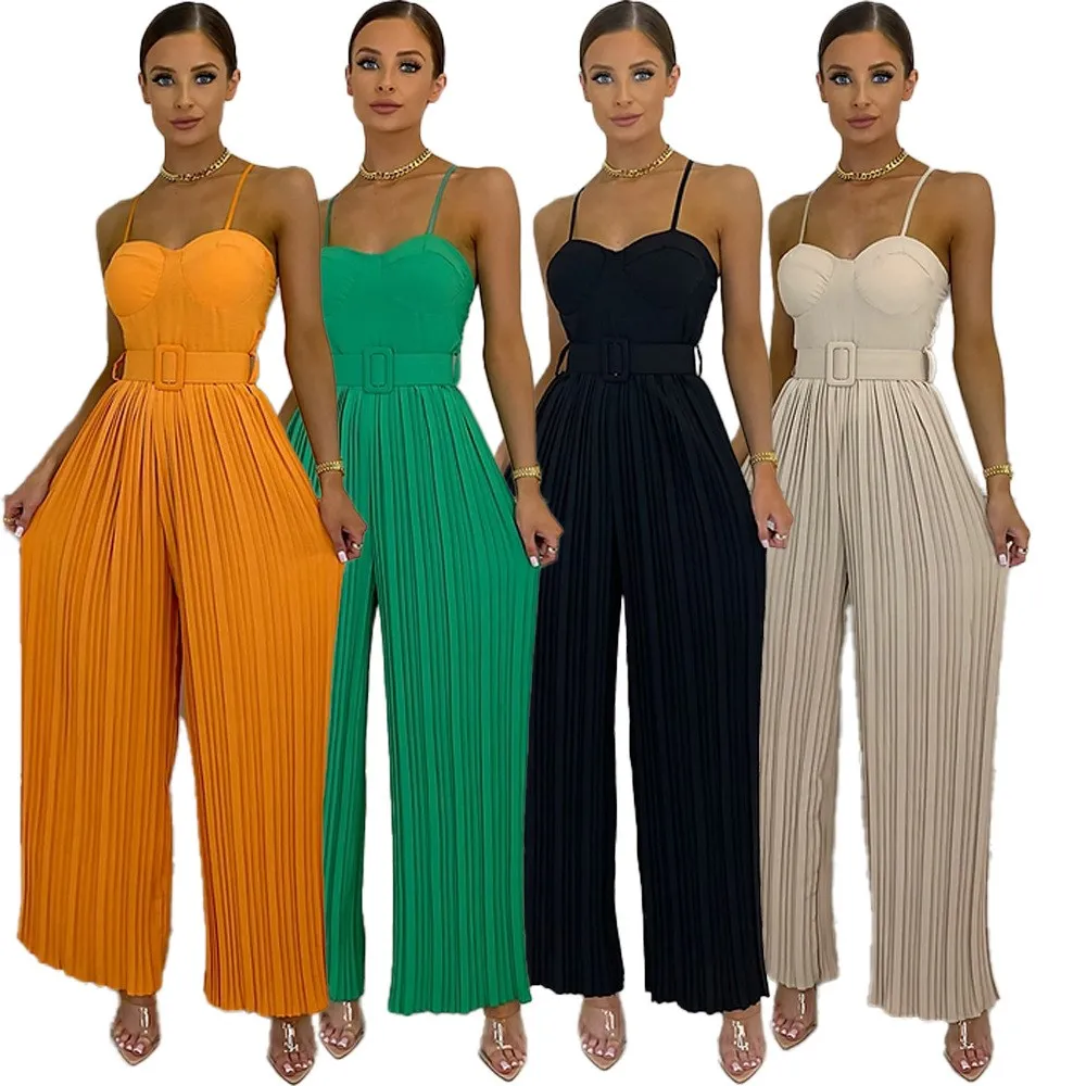 

Women's Sexy Pure Color Pleated Wide Leg Jumpsuit High Waist Seven/Nine Pants Summer New Arrival One-Piece Suit