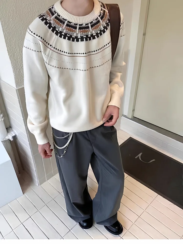 

Модный мужской свитер для колледжа на осень-зиму: вязаный, с круглым вырезом, вышивкой и фактурной отделкой, свободного кроя, теплый, повседневный, для ежедневной носки