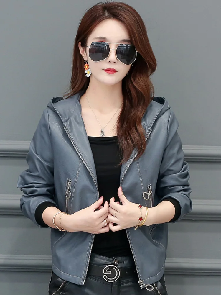 New Women Hooded Leather Jacket Spring Autumn Casual Fashion Long Sleeve Loose Split Leather Outerwear Short Sheepskin Tops Coat