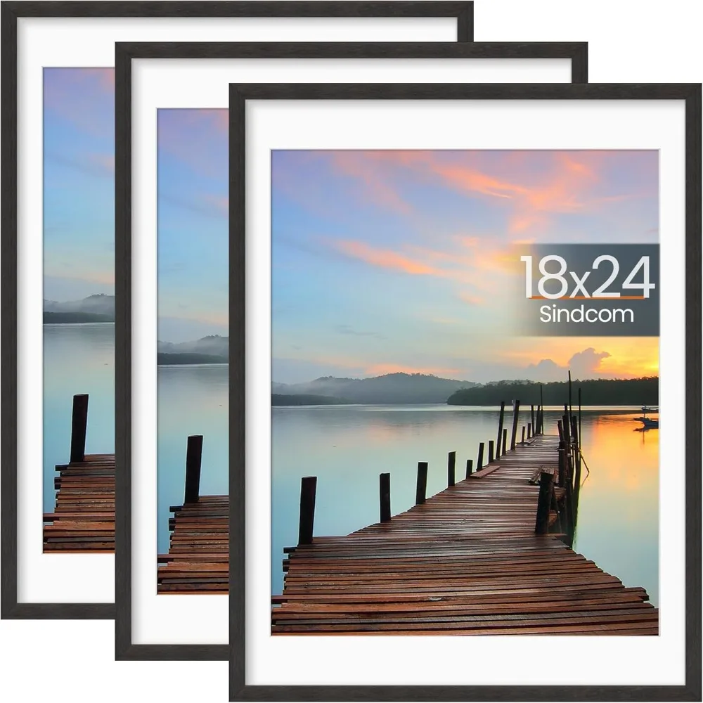 

18x24 Poster Frame 3 Pack, Picture Frames with Detachable Mat for 16x20 Prints, Horizontal and Vertical Hanging Hooks