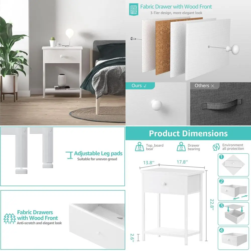 

Pair of Modern Small Nightstands with Drawer and Shelf for Bedroom, Dorm Use