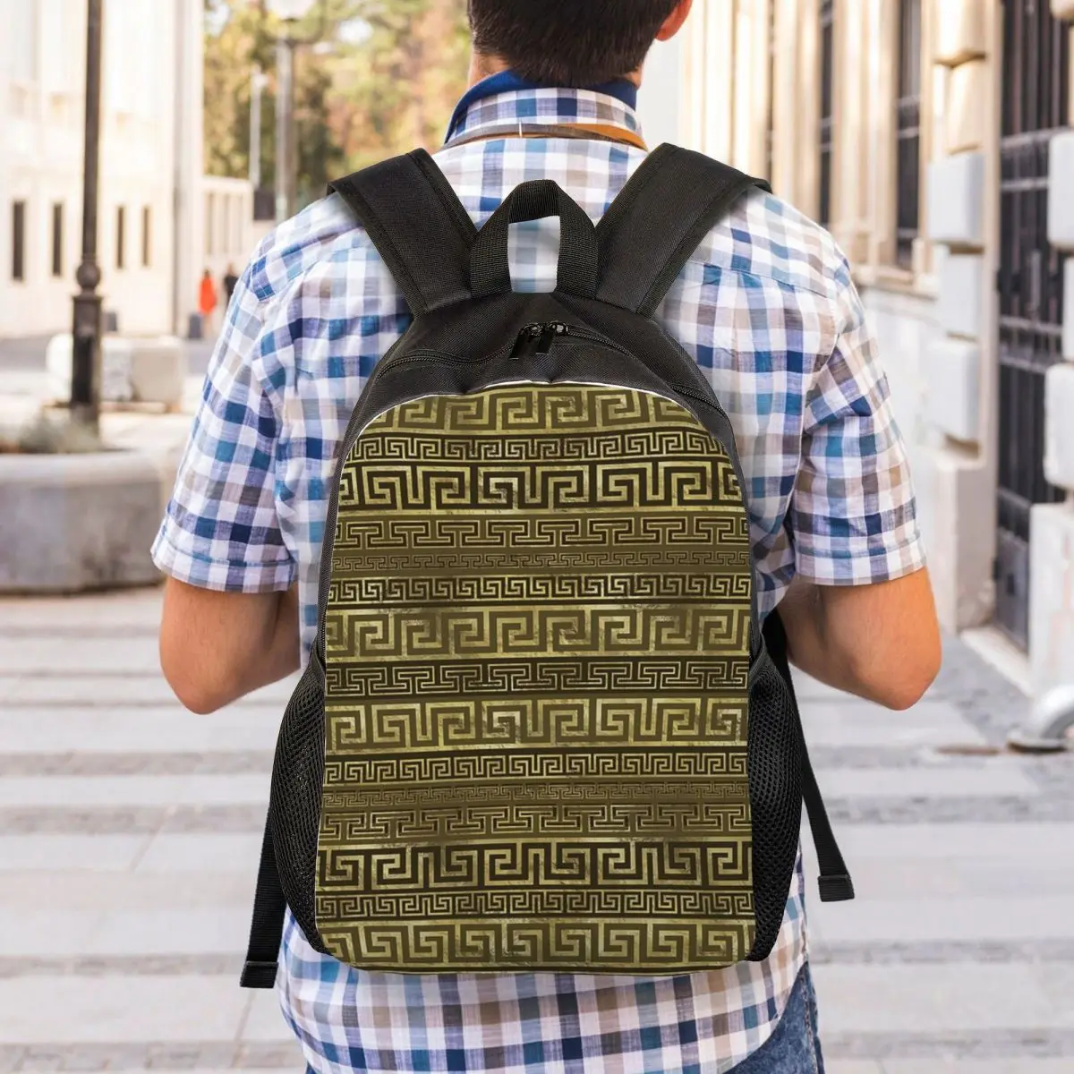 Greek Keys Meander Gold On Black Backpack Student Boys Girls BookBag School Bag Laptop Shoulder Bags