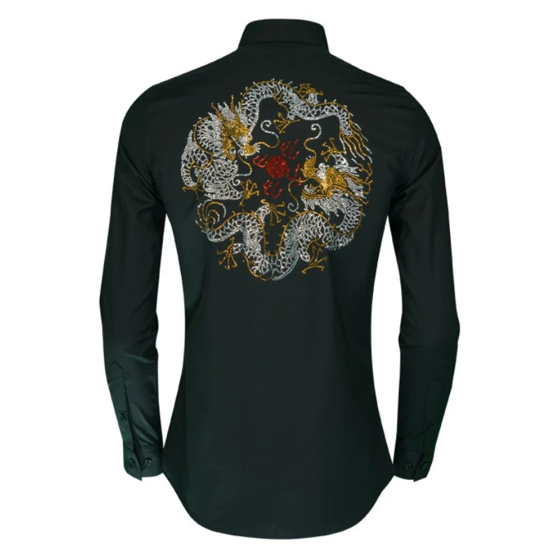 

Chinese Style Embroidered Rhinestone Shirt Men Slim Fit Long Sleeve Stage Performance Dress Shirt Banquet Party Social Shirts