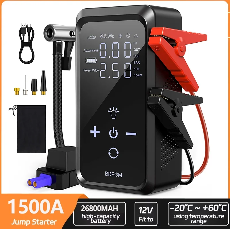 Compresseur d'air et gonfleur de pneus 150 PSI, démarreur d'urgence 1500 A, compatible avec tous les moteurs à essence et les véhicules diesel de 10 L, motos, voitures, camions, démarrage rapide, chargement rapide USB, kit d'urgence portable