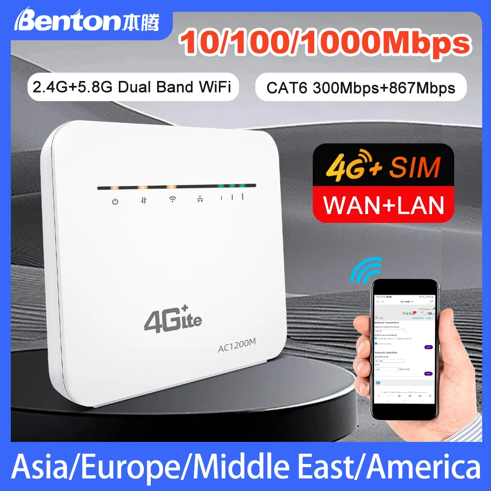 Benton 4G+ SIM WiFi Router CAT6 Dual Band WiFi Repeater 10/100/1000Mbps Gigabit Port WAN LAN 64Users 4G LTE Modem with VPN