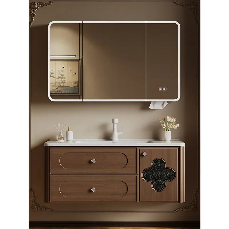 Rustic Oak Solid Wood Bathroom Vanity with Integrated Ceramic Sink Wall Mounted Washbasin Cabinet for Modern Home Decor