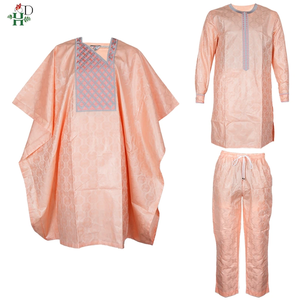 H&D African Clothing For Men Traditional Bazin Riche Embroidery Design Top Long Sleeve Pink 3 Piece Set Muslim Abaya Thobe 2025