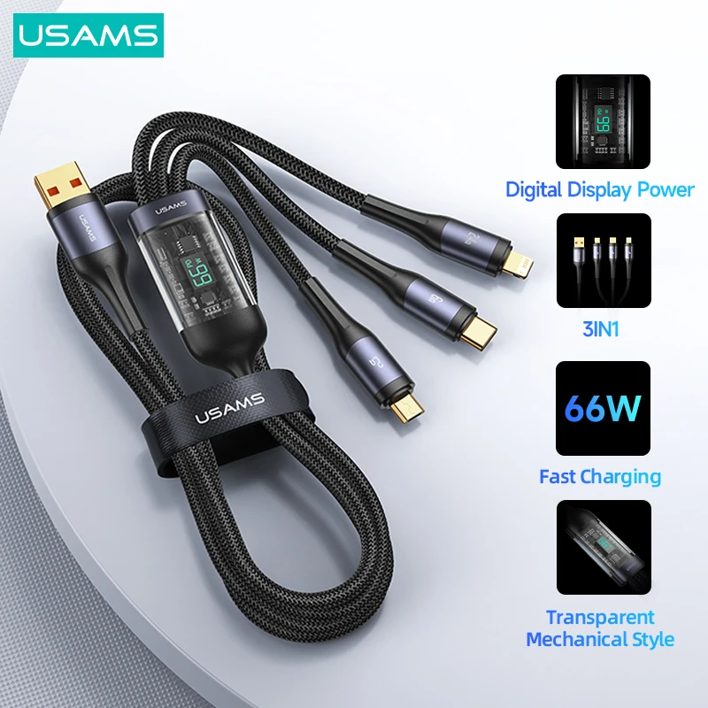 USAMS 100W 3 en 1 Cable tipo C pantalla Digital PD Cable de carga rápida USB C 3 en 1 para iPhone iPad MacBook Xiaomi Samsung Huawei