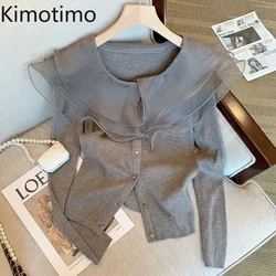 Kimotimo Gray Ruffled O-neck Knitted Cardigan Women Autumn Winter Temperament Slim Base Long Sleeve Sweater Sweet Y2k Crop Top