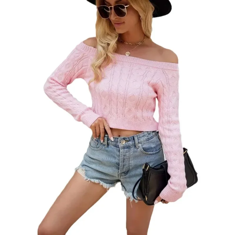 Women Fashion Sweater 2024 Vintage Cable Knit Thermal Pullovers Elegant Sexy Straight Shoulder Crop Tops Versatile Party Wear