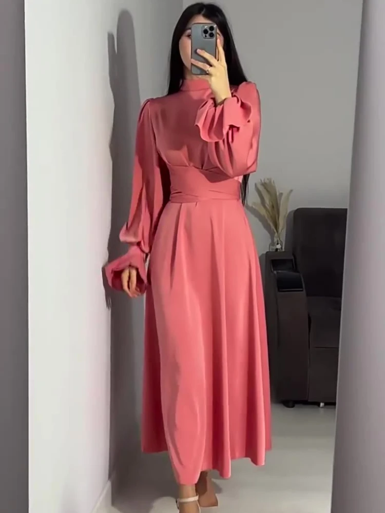 Eid Satin Party Dress for Women Abaya Flare Sleeve Vestidos Largos Dresses Ramadan Lace-up Islam Largo Dubai Arab Long Robe 2024