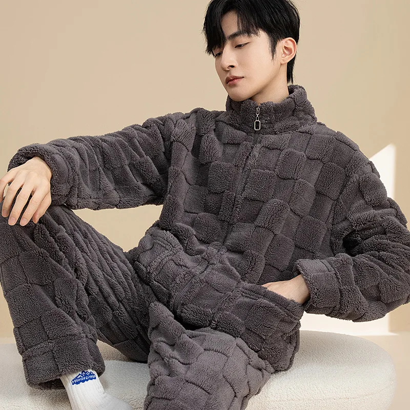 Men's Coral Fleece Pajamas Set Thickened Fleece Long-sleeved Flannel Loungewear Suit Can Be Worn Outside  Men Pajamas