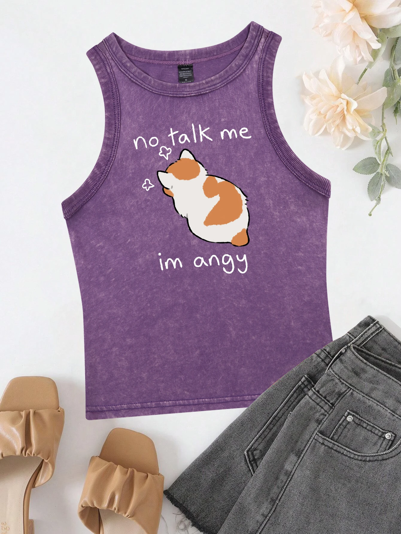 

No Talk Me I Anay Angry Cat Printed Women Washed Crop Vest Cotton Casual Tank Tops Street Hip Hop Sleeveless Clothes Y2K Vests