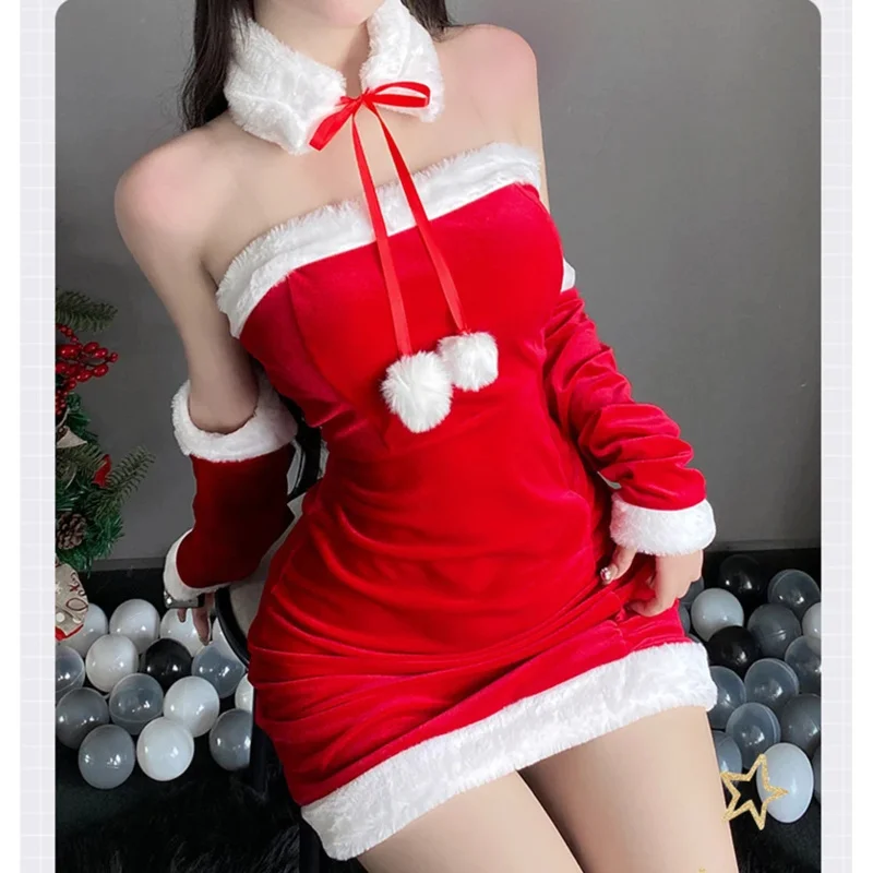 Womens flannel Christmas party Santa Claus Xmas fancy dress clubwear faux fur trim bodycon dress with hat suit New Year costumes