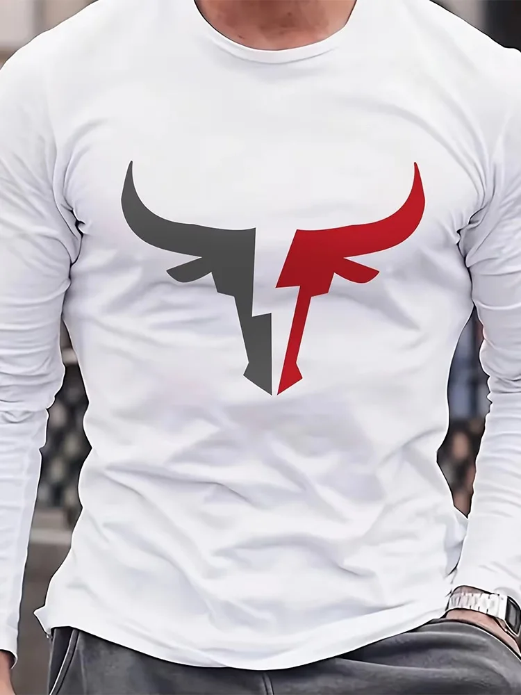 Men's White Long Sleeve T-Shirt Red Grey Bull Horns Graphic Tee Geometric Abstract Streetwear Casual Pullover Tops Gift New