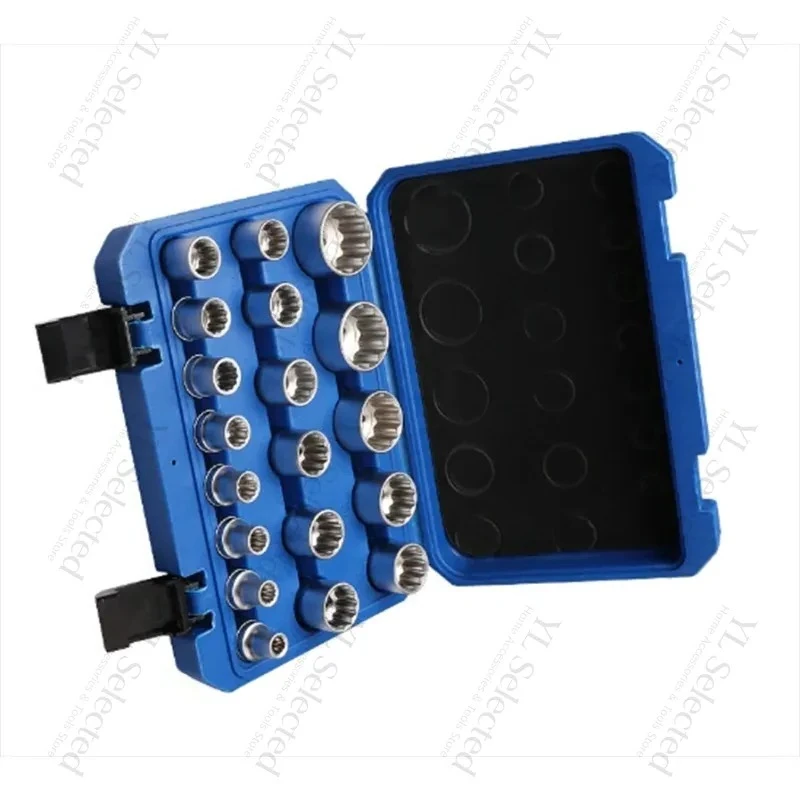 21PCS 6&12 Point Lock Socket Wrench Set 1/2" Drive Hex Splined Bit Socket Kit 8-32mm Auto Mechanical Repair Hand Tools