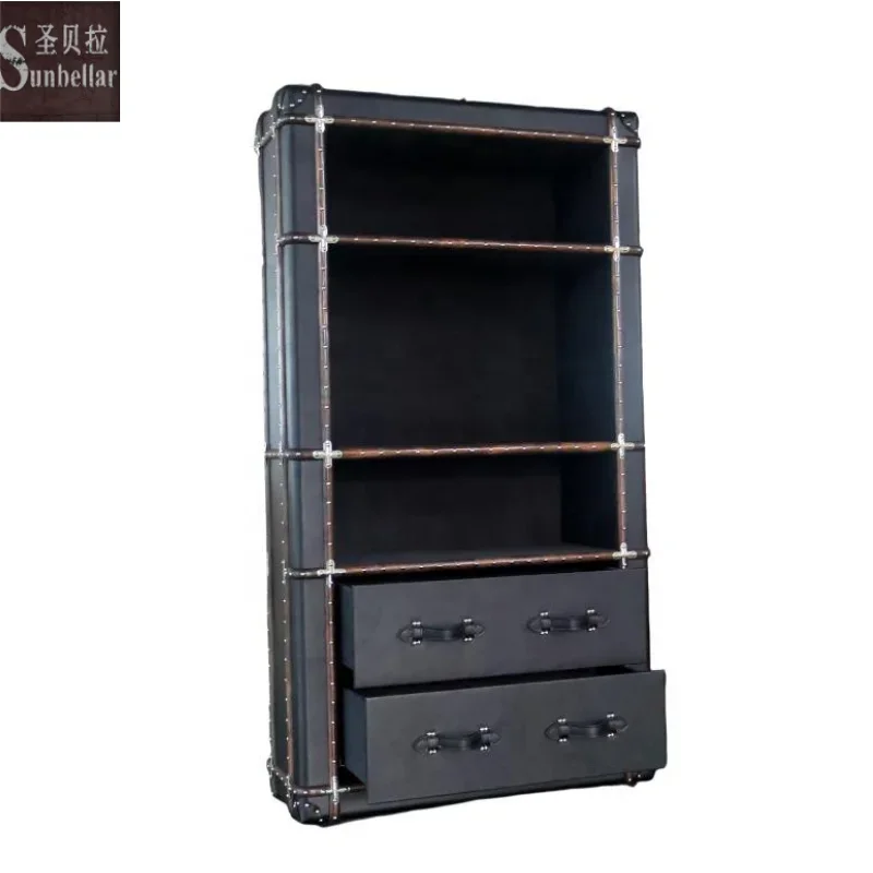 Custom Made Vintage Furniture Wood Display Antique Black Leather Bookcase Living Room Book Shelf Home Furniture