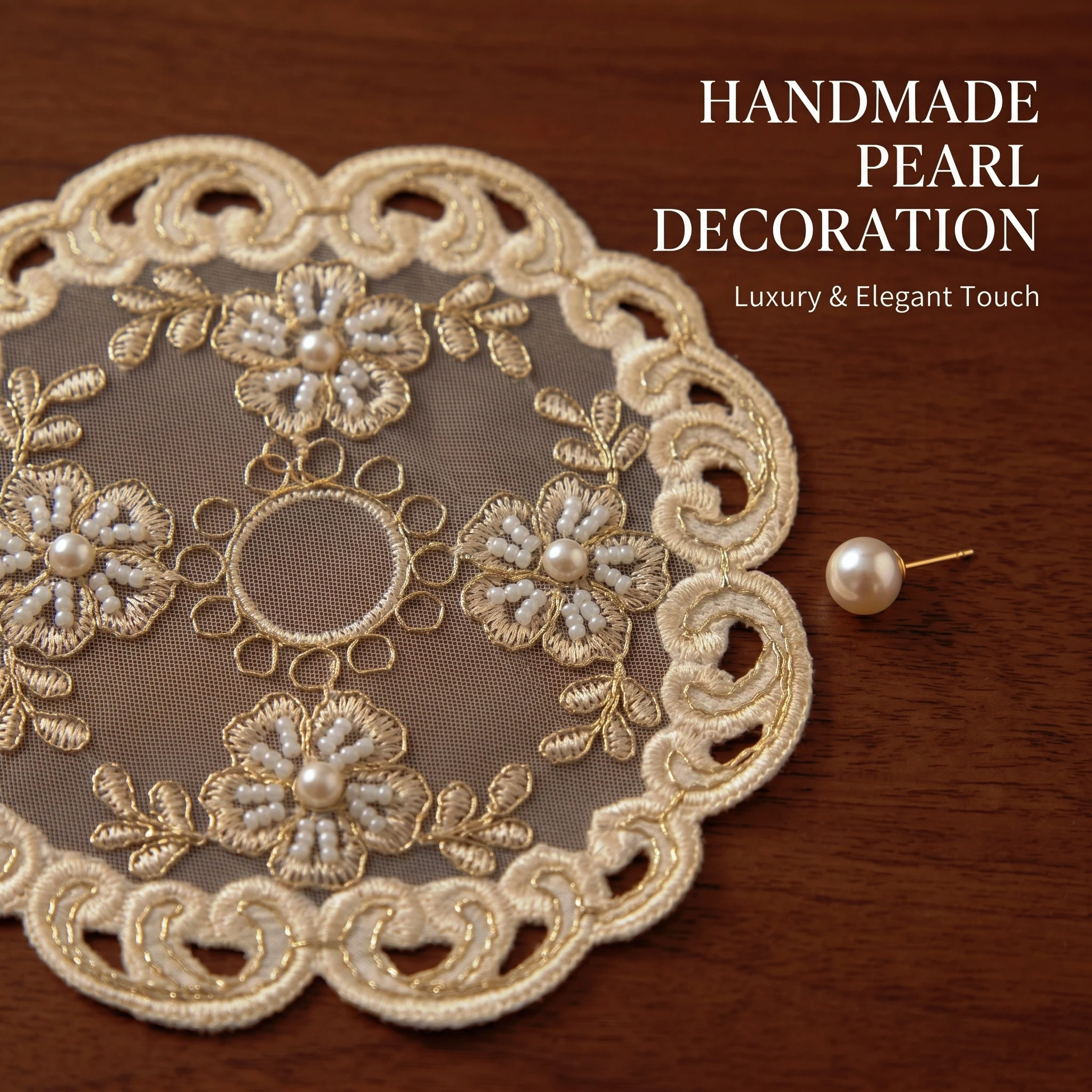 4pcs Luxury Coasters Set Round Embroidery Ceramic Coasters Beige Lace Wedding Placemats Modern Home Decor Tea Party Decor - view 3