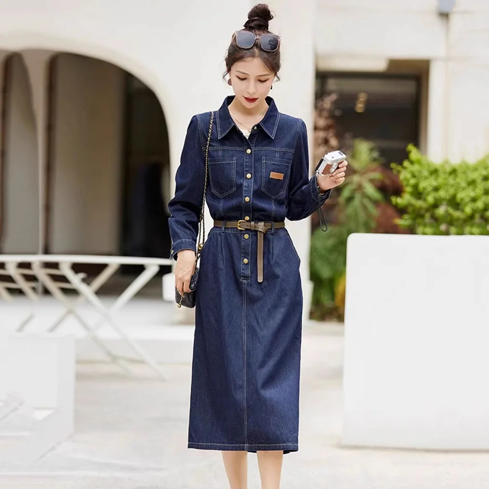 

New Women Spring Autumn Denim Dress Vintage Long Sleeve Single Breasted Loose Dress Casual Dark Blue Below the Knee Dress