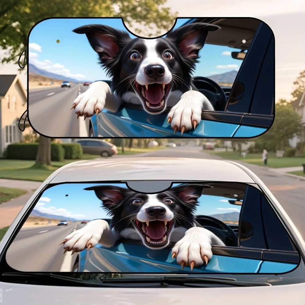 1pc, Happy Dog Car Ride Travel Pattern Car Windshield Sunshade, Foldable Sun Visor With Creative Print, Perfect For Daily City D
