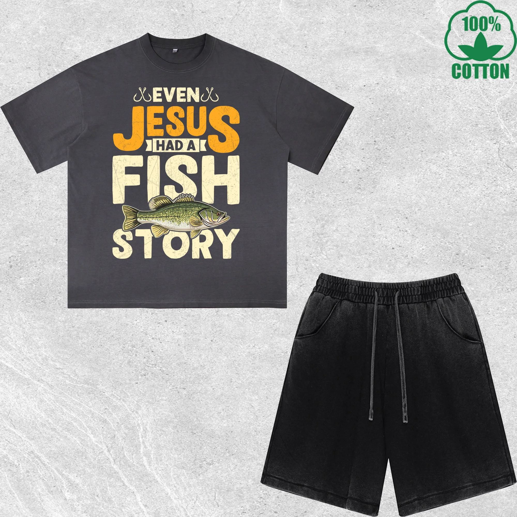 

Jesus Fish Story Printed Dirty Wash T-Shirt Shorts Set Multicolor Combo Loose Trendy Fashionable 100%Cotton Short Value Pack