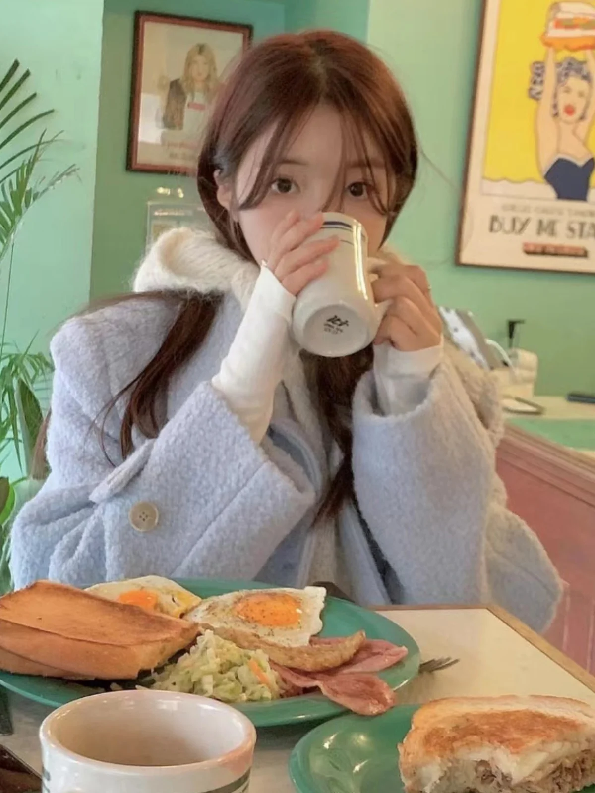 

Soft Blue Woolen Coat Long Sleeve Women's Outerwear Korean Style Winter Fashion over Knee High End Feeling Straight Cut Coat