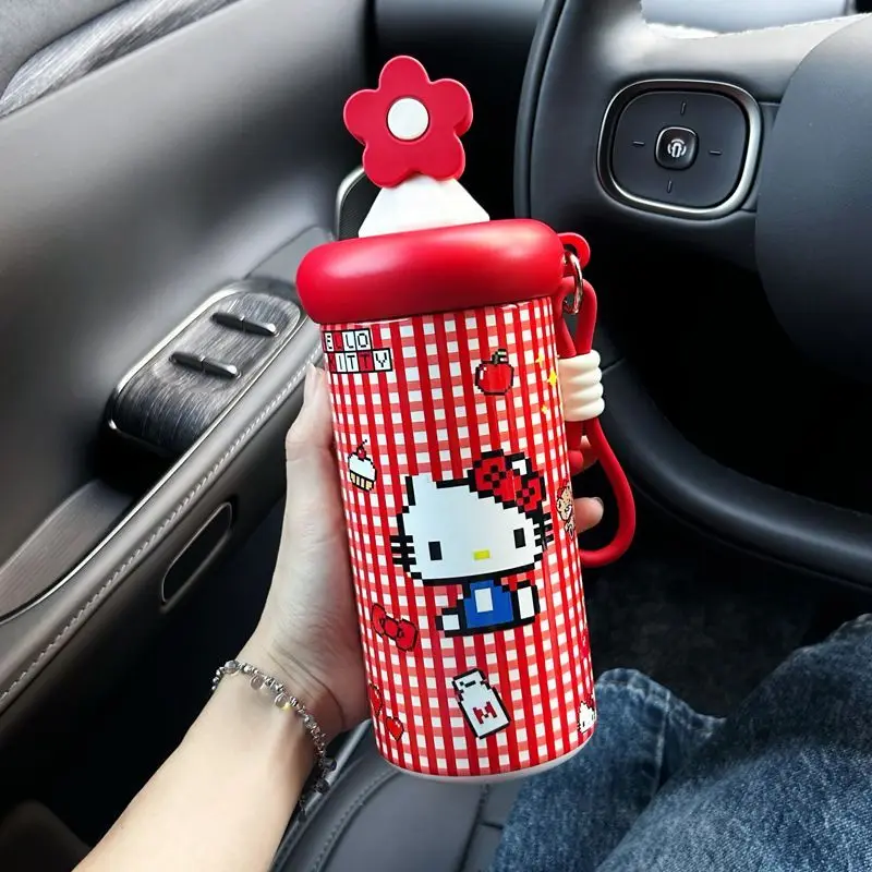 

Kawaii Hello Kitty Sanrio Children Cute Cartoon Ceramic Thermos Cup Hand Held Coffee Straw Cup Christmas Gifts for Kids