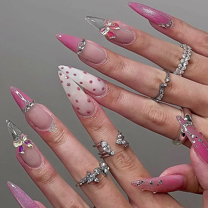 

24Pcs Long Stiletto Fake Nails Pink French Polka Dot Press on False Nails with 3D Bow Rhinestone Wearable Full Cover Nails Tips