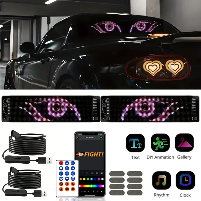 

2pcs Devil Eye LED Light Strips Flexible LED Matrix Panel DIY Personalized Dynamic Lights With APP Control USB Powered Car Decor