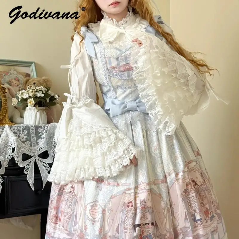 

L-4XL Big Size Lolita Shirts New Spring Women's Lace Ji Sleeve Women's Gorgeous Blouse Tops Sweet Long Sleeve Blusas