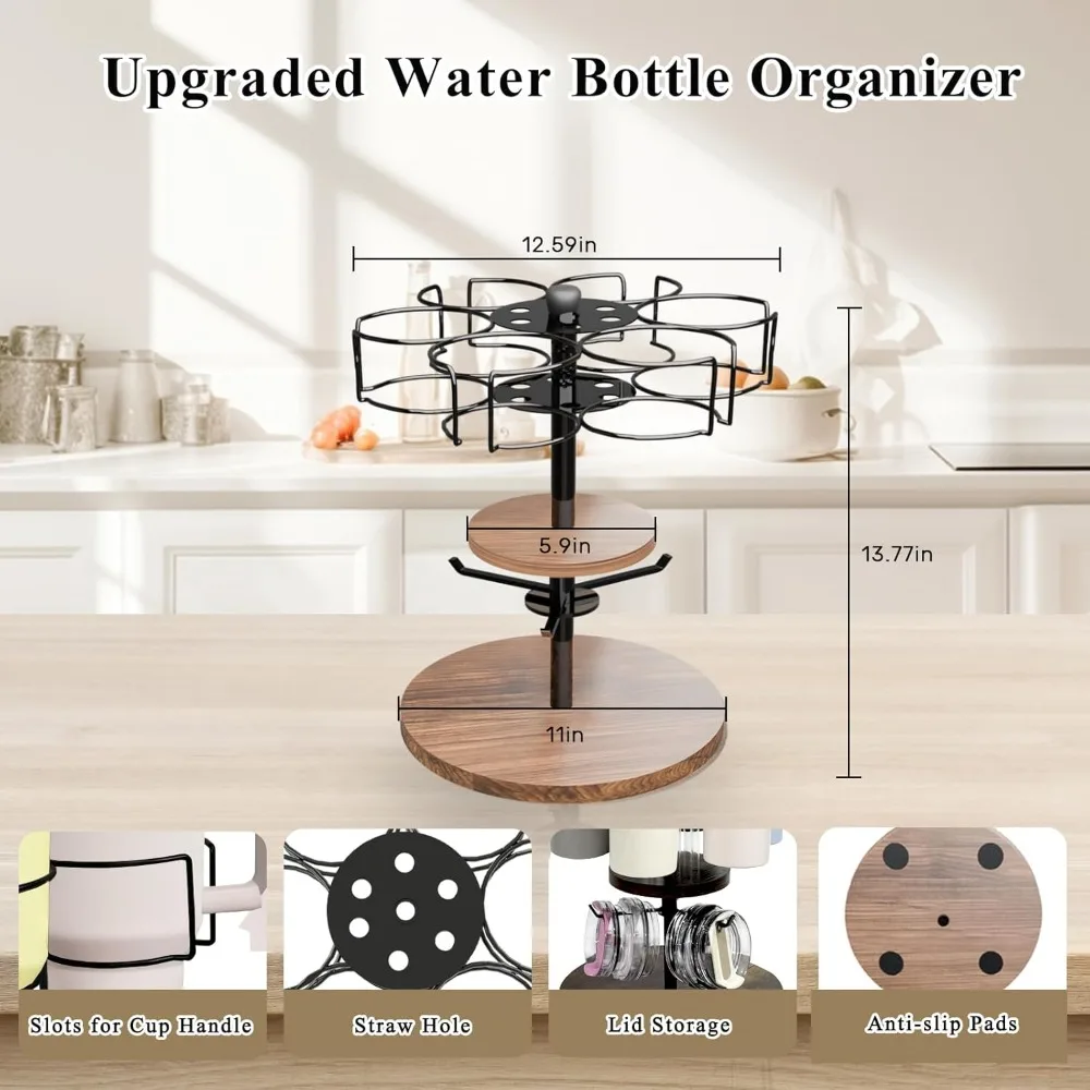 Upgraded Water Bottle Organizer for Stanley Tumblers, Rotating Cup Holder with Straw & Lid Storage, Lazy Susan Tumbler Organizer