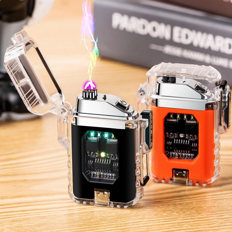 Transparent Waterproof Dual Arc USB Charging Lighter Outdoor Windproof LED Power Display Flashing Light Electronic Pulse Igniter