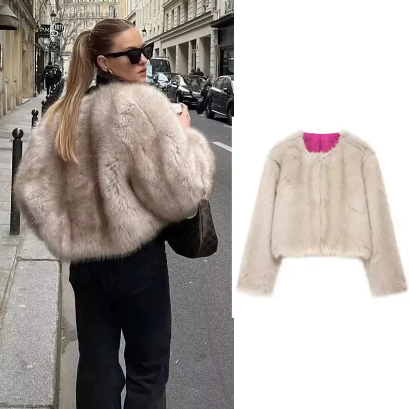 

Зимняя женская короткая куртка цвета хаки с меховым эффектом, укороченные пальто, женские свободные теплые уличные модные пальто с круглым вырезом и длинными рукавами