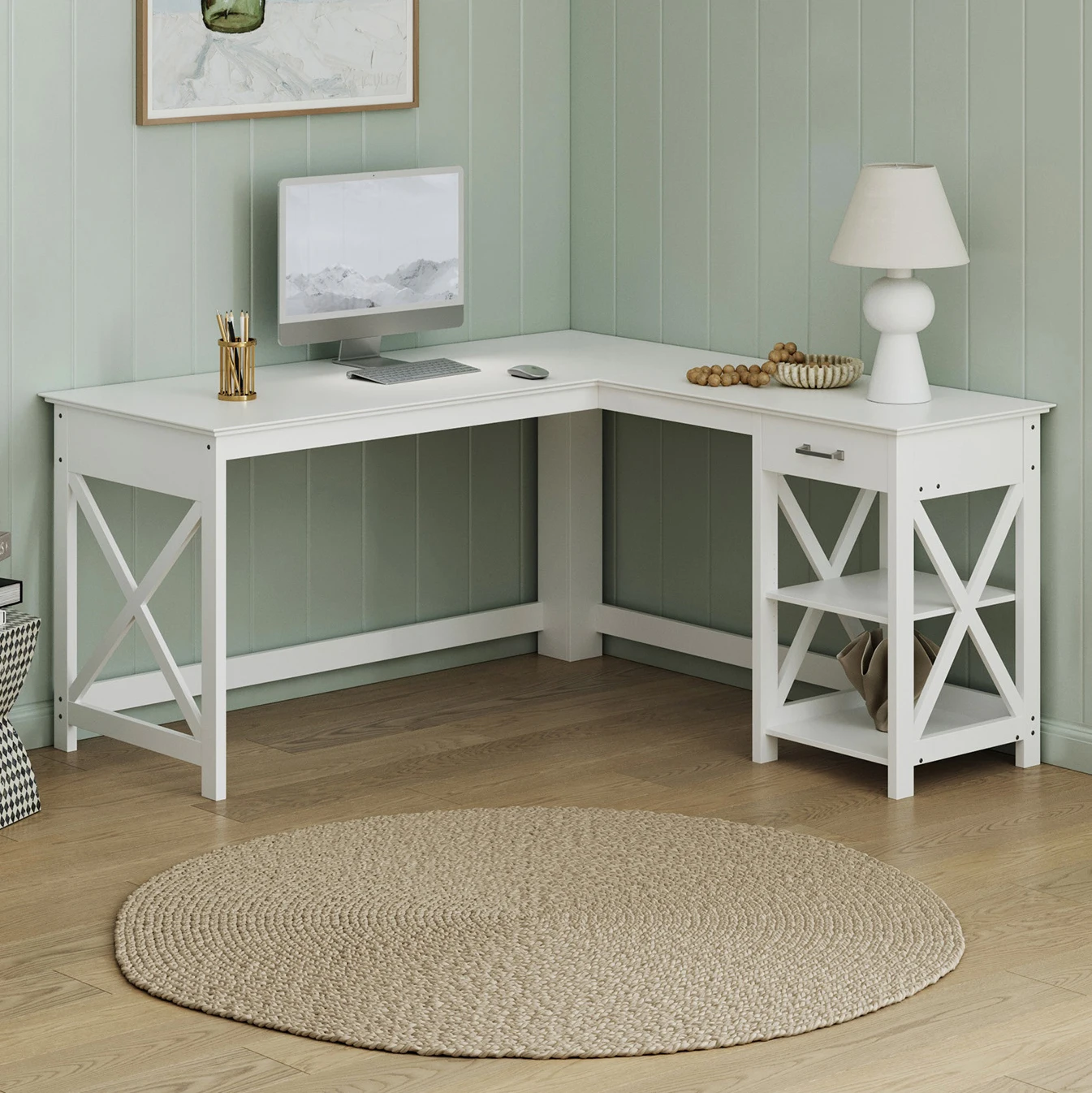 

！@Combohome Modern Minimalist L-Shaped Corner Computer Table Home Desk with Wood Frame for Bedroom Writing or Den Unique Design