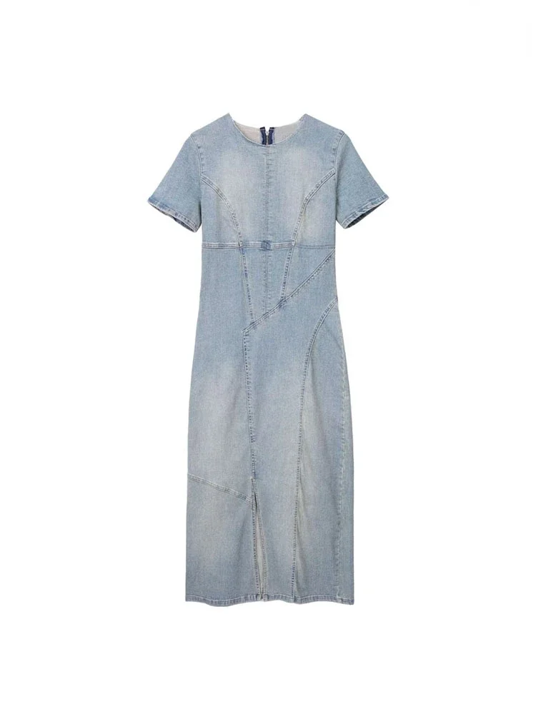 TRAF Women Fashion Front Slit Denim Midi Dress Vintage Short Sleeve Back Zipper Female Dresses Vestidos Mujer New Casual Clothes