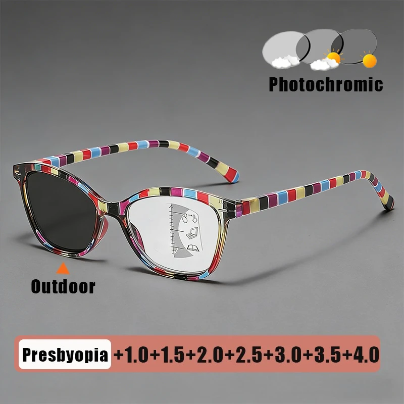 

Classic Oversized Square Photochromic Multifocal Presbyopia Glasses Color Striped Retro-Trendy High-Definition Reading Glasses
